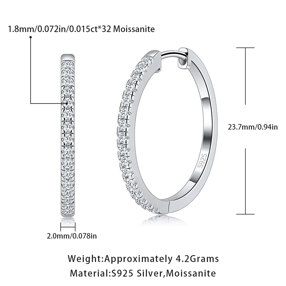 Pretty Beauty 23mm Moissanite Hoop Earrings S925 Sterling Silver for Women Wedding Party White Gold Plated Fine Jewelry Gifts