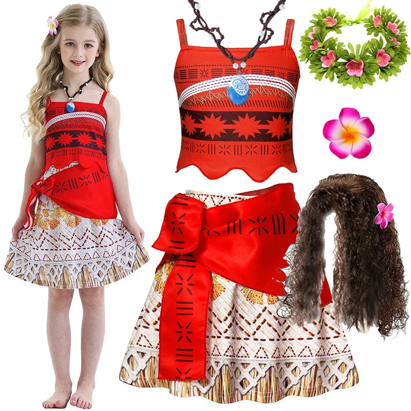 New Dress Girls Princess Clothes Kids Dress Up Vaiana Necklace Pig Chick Children Carnival Party Summer Costume Set 2-10T