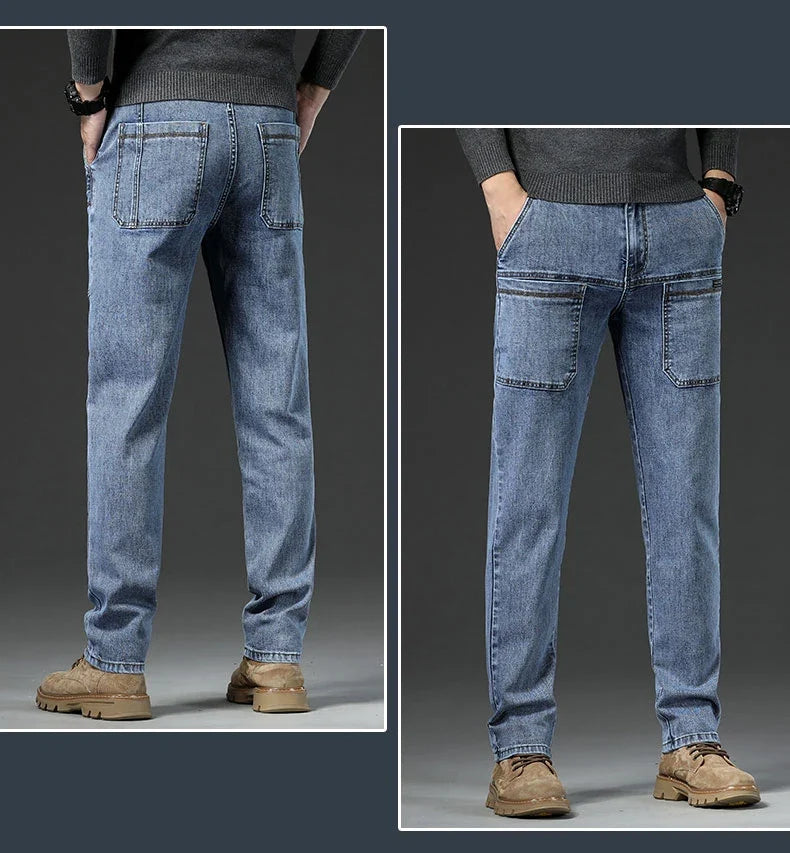 6 Pocket Design Denim Jeans Men's 2025 New High Elasticity Denim Casual Trousers Straight Male Pants Fashion Mid-waist Jeans