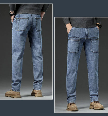 6 Pocket Design Denim Jeans Men's 2025 New High Elasticity Denim Casual Trousers Straight Male Pants Fashion Mid-waist Jeans