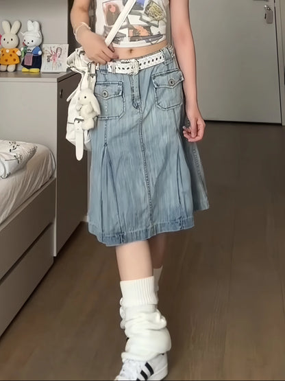 الصيف النساء اليابانية Y2k جماليات 2000s تنورة دنيم متوسطة الطول بقصة على شكل حرف A موضة كورية Kpop Gyaru تنورة جينز Goblin Core Harajuku جديد