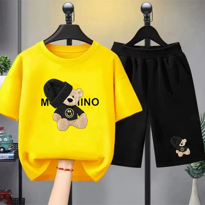 Children's Fashion Summer Clothes Set Loose Fit Cotton Tee + Elastic Waist Shorts for Boys Girls Outdoor Wear
