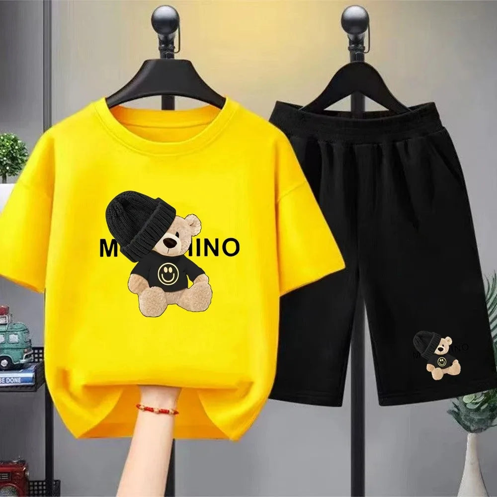 Children's Fashion Summer Clothes Set Loose Fit Cotton Tee + Elastic Waist Shorts for Boys Girls Outdoor Wear