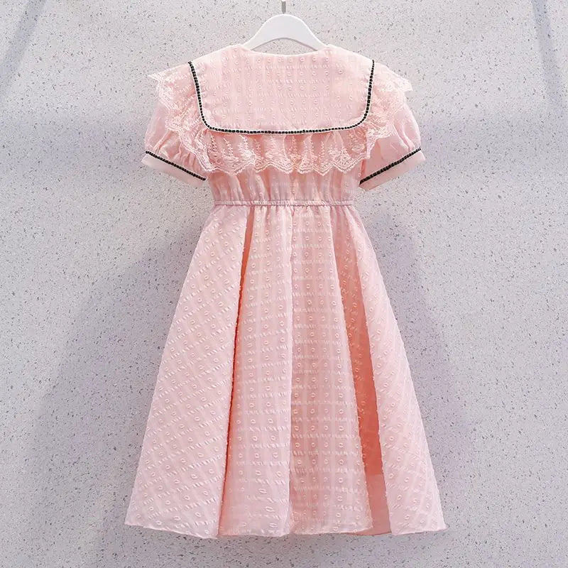 2026 New Summer Dresses Kid Baby Princess Lace Girls Teenager A-LINE STRIPED Chiffon Mid Long Layered Dress 4 8 10 12 14 Years
