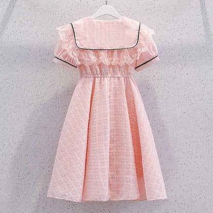 2026 New Summer Dresses Kid Baby Princess Lace Girls Teenager A-LINE STRIPED Chiffon Mid Long Layered Dress 4 8 10 12 14 Years