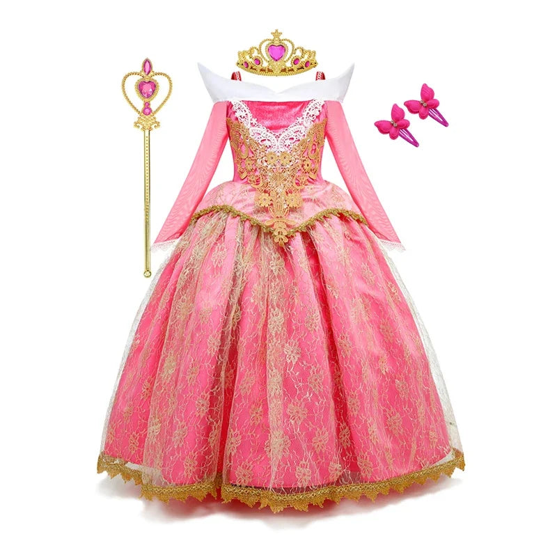 Sleeping Beauty Aurora Princess Dress Cosplay Off Shoulder Kids Gifts Fancy Halloween Party Girl Baby Lace Dress Set