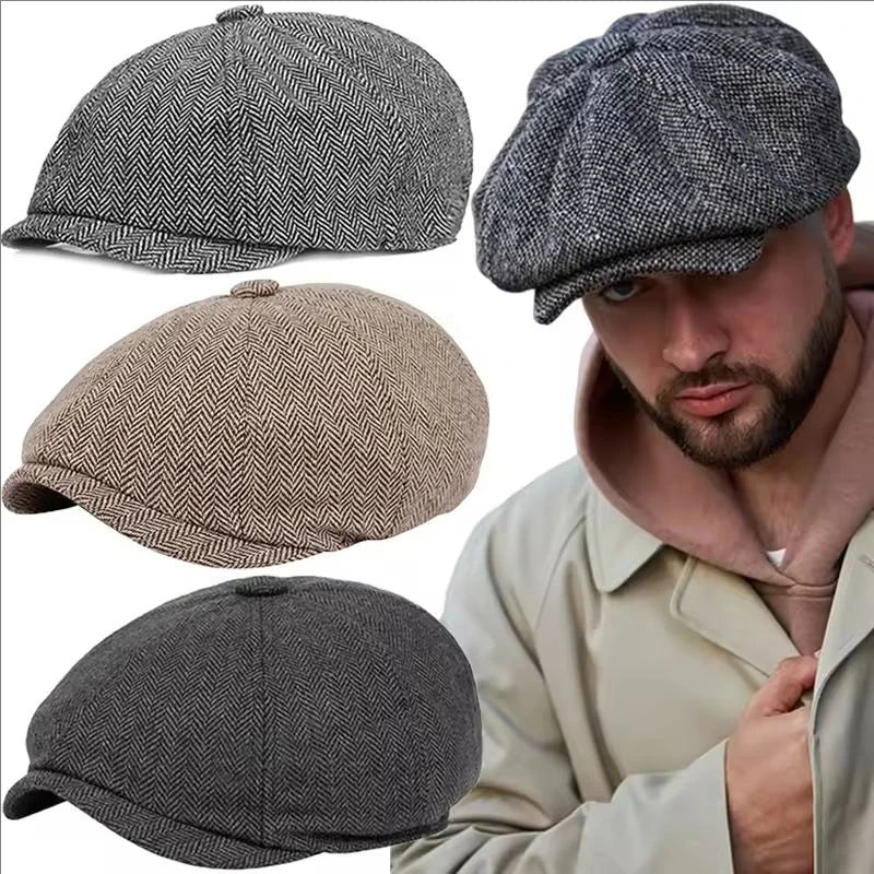 Men Retro Beret British Hats Wool Blend Vintage Herringbone Tweed Men Casual Fashion Hat Flat Keep Warm Caps Gifts