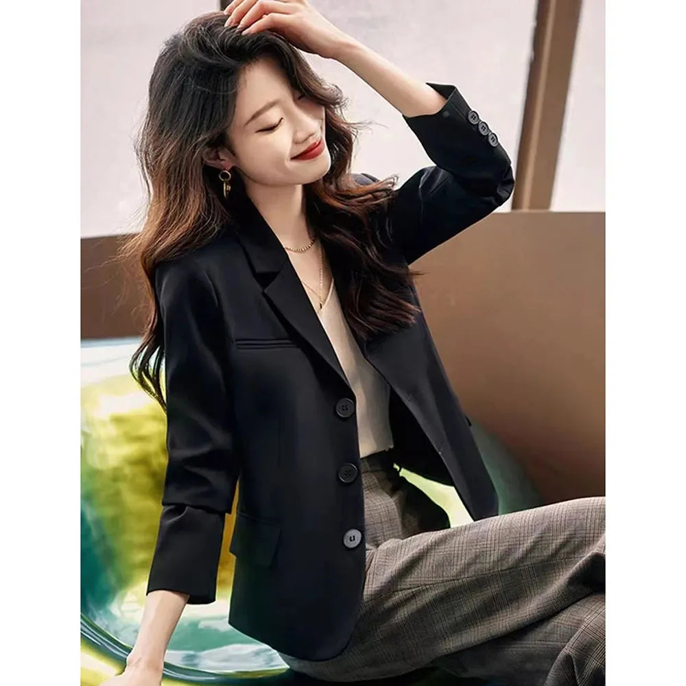 Coffee Small Blazer Jacket Spring Autumn Women Short Suit Coat Korean Casual Long Sleeve Single Breasted Blazers Solid Short Top