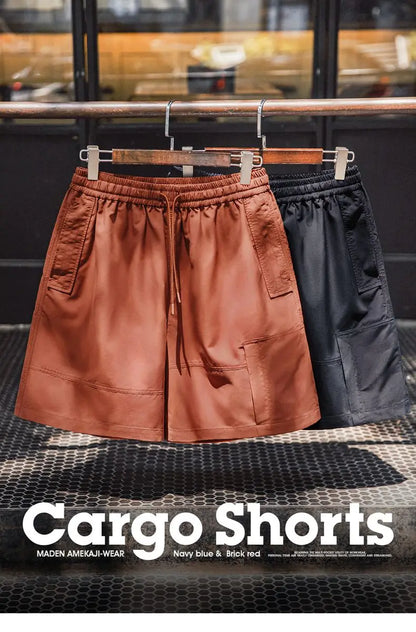 Men's Outdoor Casual Cargo Shorts Elastic Waist Drawstring Shorts with Reflective Strip and Multiple Pockets Loose Bottoms