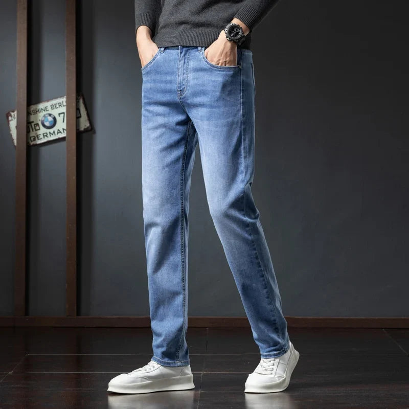 2025 Winter Fleece Jeans Men's Fashion Elastic Slim Straight Warm Trousers Thicken Business Casual Korean Thermal Denim Pants