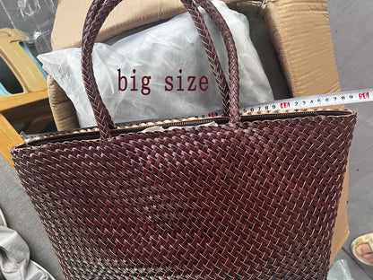 Women Leather Handbag Romantic Big Handmade Woven Totes Female Cowhide Big Holiday Bucket Bag Causal Beach Shoulder Handbags