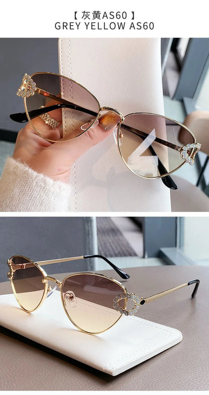 2026 Women Elegant Oval Metal Frame Cat Eye Sunglasses Hollow Rhinestone Wreath Temple UV Protection Gradient Lens Sun Shades