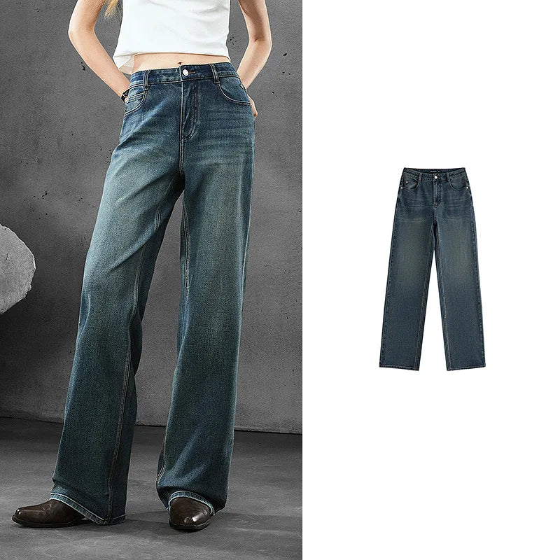 Women Denim Jeans 2025 Autumn New Lycra Stretch Straight Wide Leg Long pants