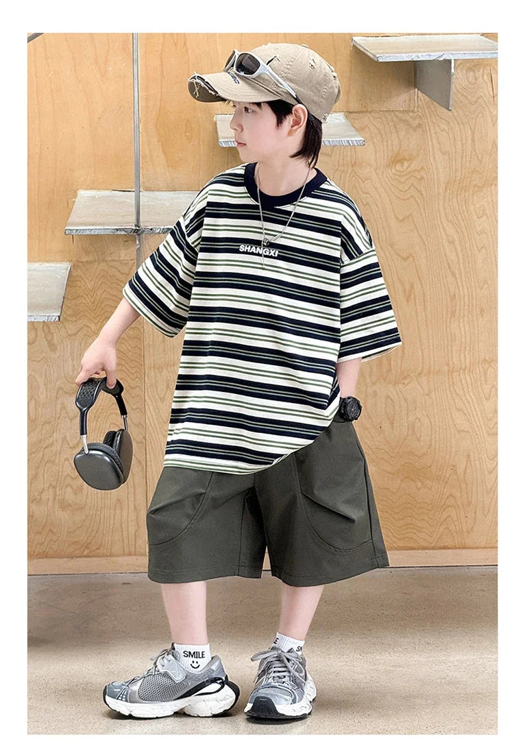 Korean Kids Striped Summer Suit for Boys Top and Bottom Set Children Cotton Short Sleeve T-shirt and Cargo Shorts Clothes Set