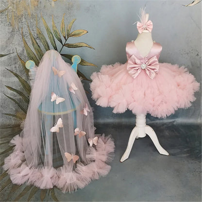 Customized Flower Girl Dresses Puffy Girl Dress Pink Baby Dress With Train Bow Cute Kid's Child Birthday Dresses Frist Communion