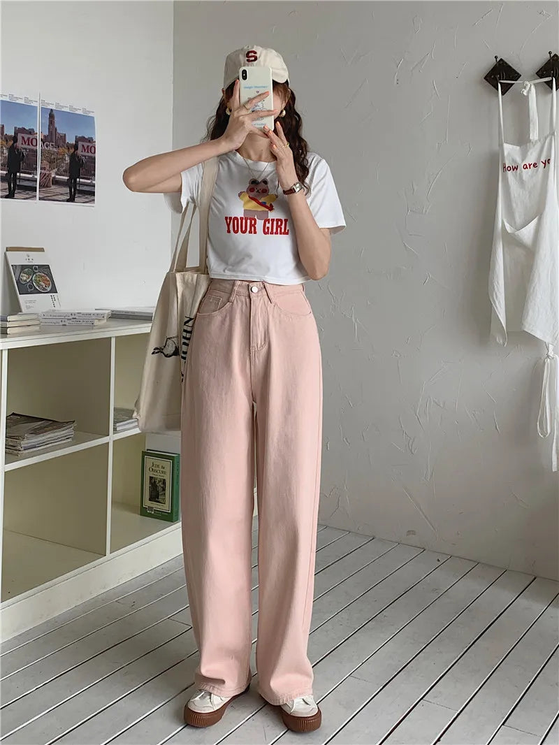 Korean Sle Simple Pure Color Wide Leg Jeans Pants for Women Summer Season Fall Collection Faion Ladies Premium Denim