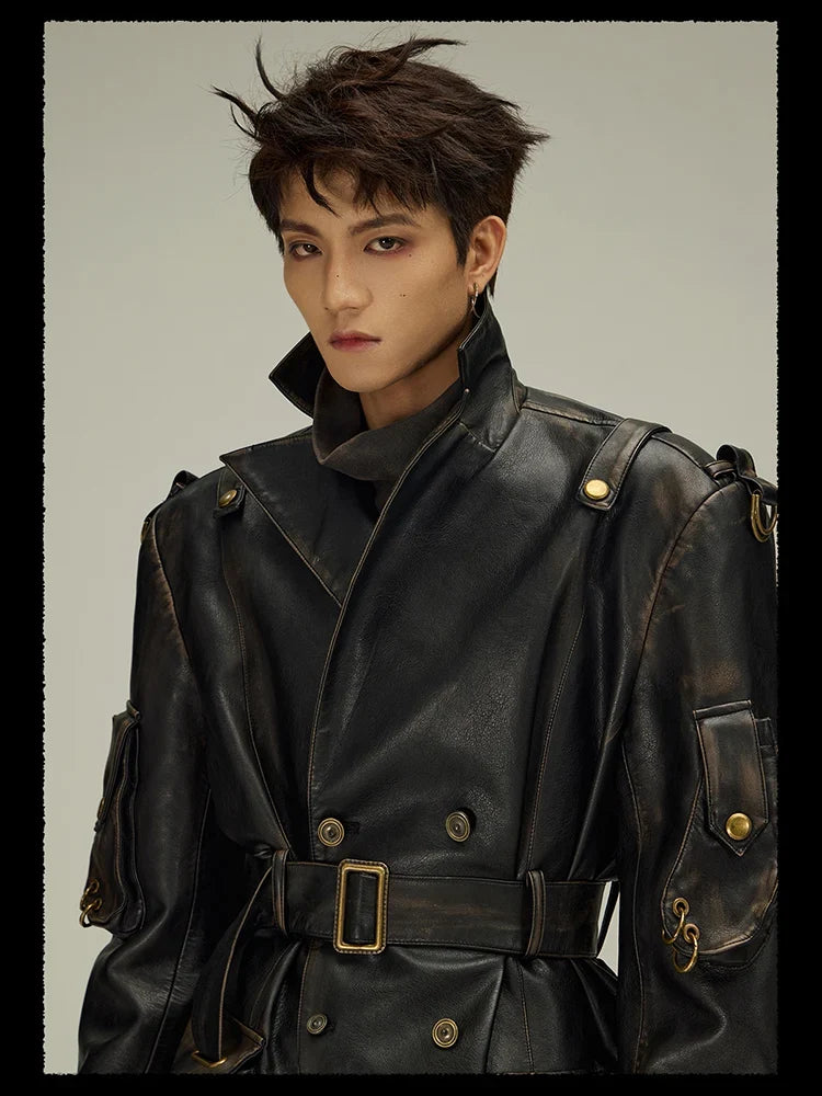 Spring Autumn Long  Distressed Black Pu Leather Trench Coat Men Belt Double Breasted Luxury European Fashion 2023