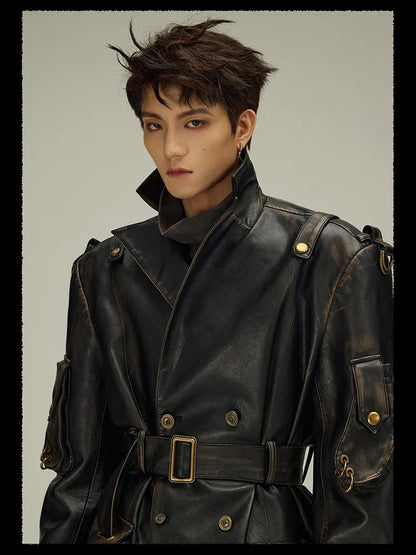 Spring Autumn Long  Distressed Black Pu Leather Trench Coat Men Belt Double Breasted Luxury European Fashion 2023