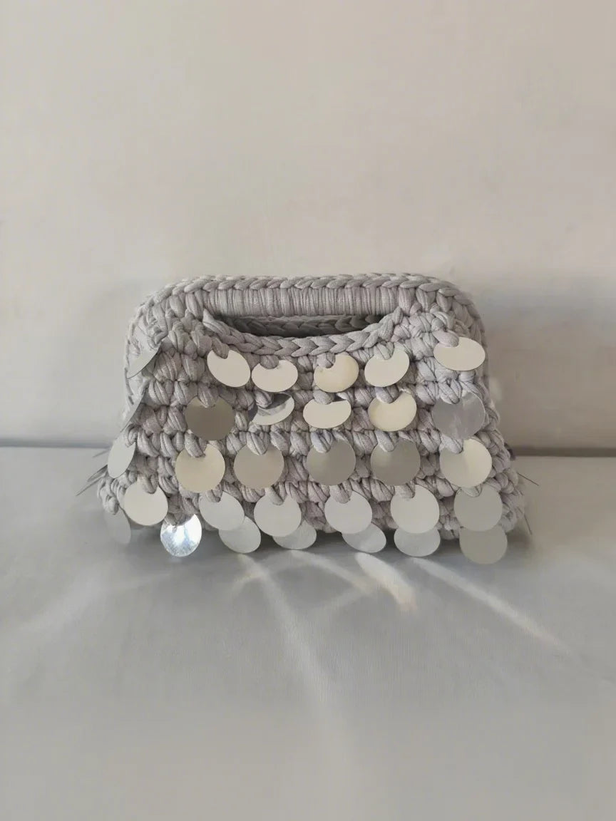 Yingzi Small Sequin Crochet Cluth Bag with Shine Paillettes Handmade Evening Bag Makeup Bag