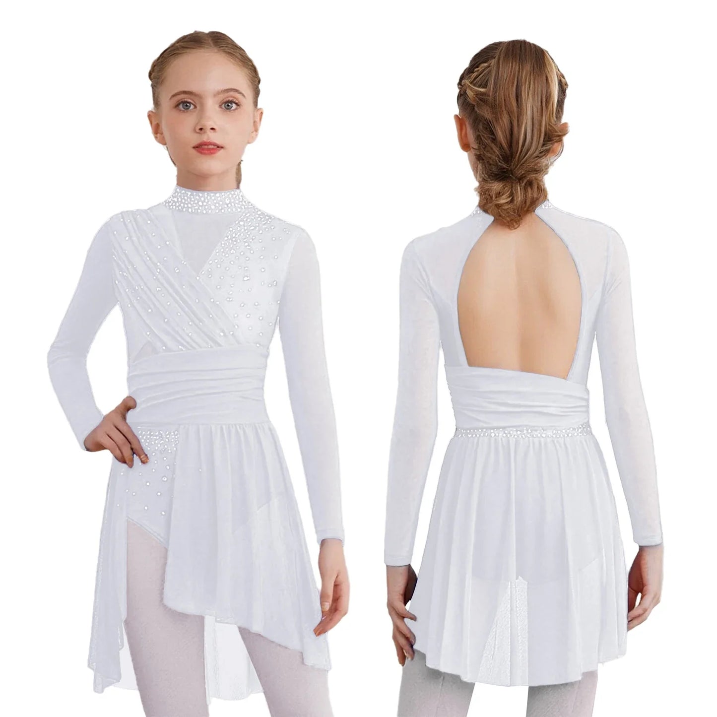 Kids Girls Gymnastics Figure Skating Ballet Lyrical Dance Costume Dress Side Split Sheer Mesh Ruched Glittery Rhinestones Dress