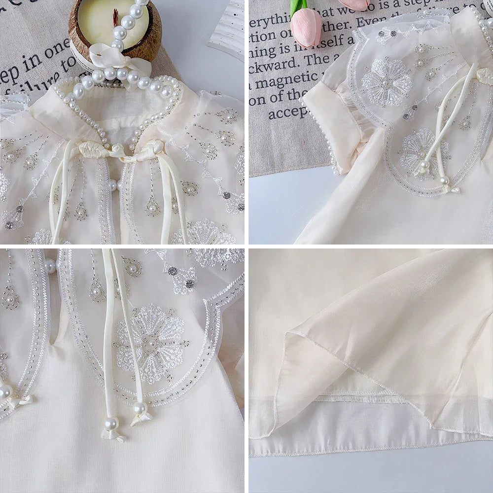 Summer Dress New Girls' Chinese Qipao Mesh Pearl Applique Dress Children's Kids Sweet Fashion Short Sleeve Dress