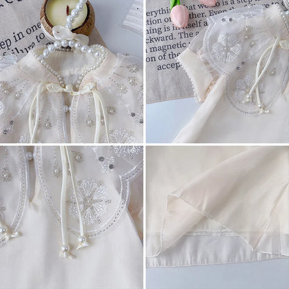 Summer Dress New Girls' Chinese Qipao Mesh Pearl Applique Dress Children's Kids Sweet Fashion Short Sleeve Dress