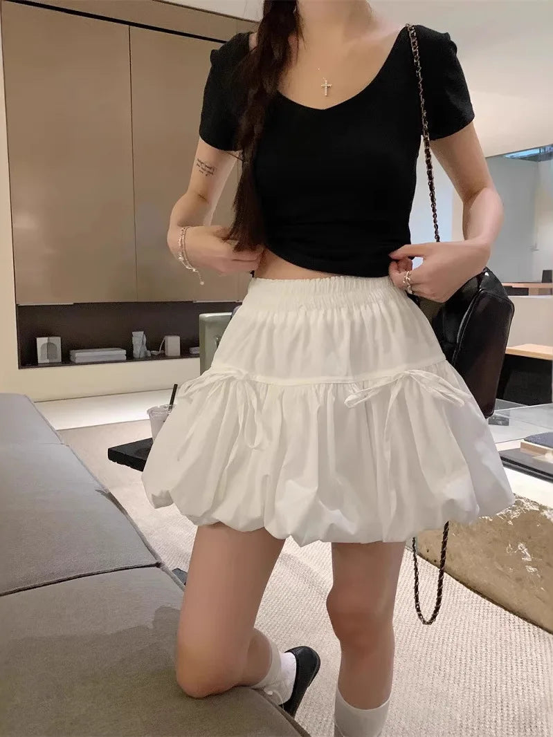 Sweet  Knot Puffy A-Line  Skirt Women's Summer Polyester Fiber High Waist Flower Bud Skirt Casual Sle