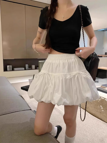 Sweet  Knot Puffy A-Line  Skirt Women's Summer Polyester Fiber High Waist Flower Bud Skirt Casual Sle