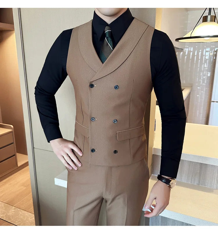 ( Vest + Pants) Men's Double-breasted Suit Vest 2 Pieces Set High Quality Business Casual Fashion Groom Wedding Dress Vest Sets