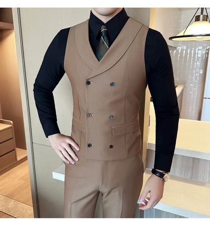 ( Vest + Pants) Men's Double-breasted Suit Vest 2 Pieces Set High Quality Business Casual Fashion Groom Wedding Dress Vest Sets
