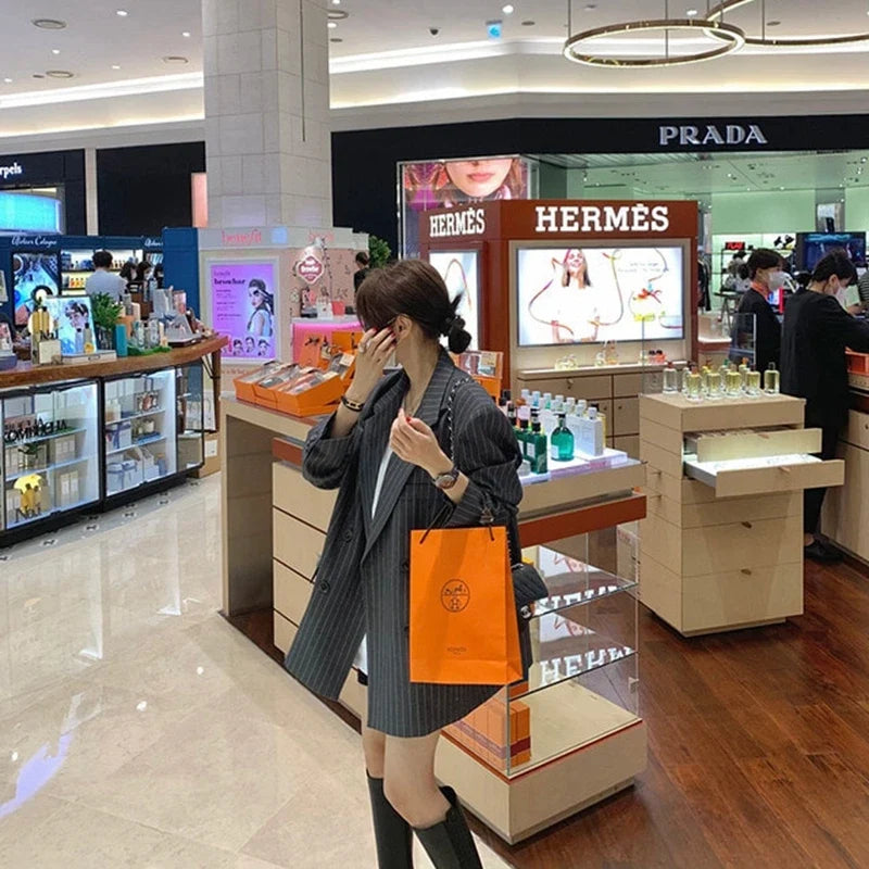 Ele Stripe Loose Faionable Suit Jaet with Belt Hong Kong Sle Retro Chic Top Women's Busin Casual Outerwear