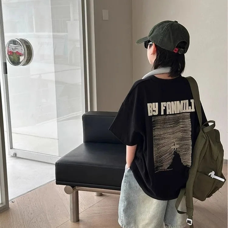 Black Graffiti Letters Pure Cotton Short Sleeve T-Shirt for Tween Boys Loose Fit Summer Youthful Wear Kids Outerwear Clothing