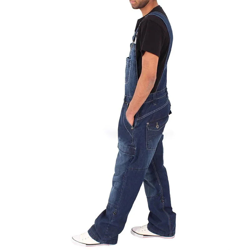 Multi Pocket Denim Overalls Suspenders Baggy Jeans Men'S Street Casual Work Pants Jumpsuits