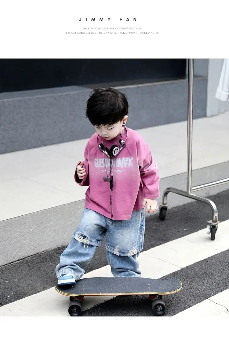 2pcs Set Children's Clothing 2026 Boy Spring Autumn New Korean Version Pink Gradient Base Shirt Fashion Personalized Denim Pants