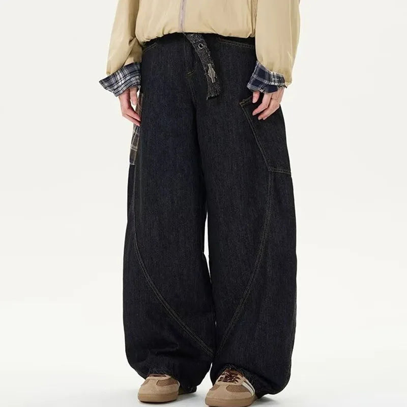 Autumn Vintage Design Large Pockets Curved Knife Workwear Jeans For Men'S High Street Jeans Y2k Wide Leg Pant