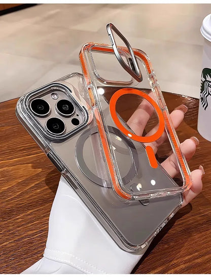 Luxury Lens Holder Shockproof Magnetic Case For iPhone 16 15 14 Plus 13 12 17 Pro Max 17Air 16e Magsafe Fashion Clear Cover