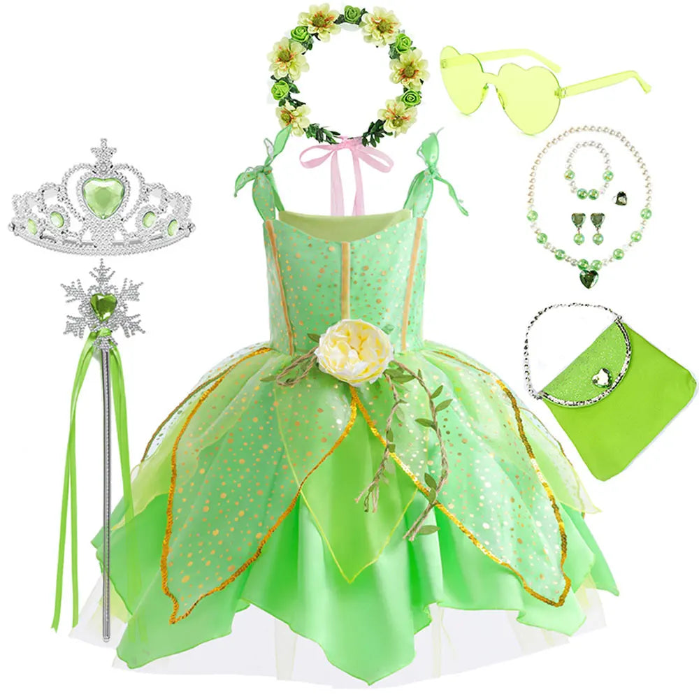 2026 Disney Elf Movie Tinker Bell Girls Play Fairy Dress Green Suspender Skirt With Wings and Flower Christmas Gift for Girls