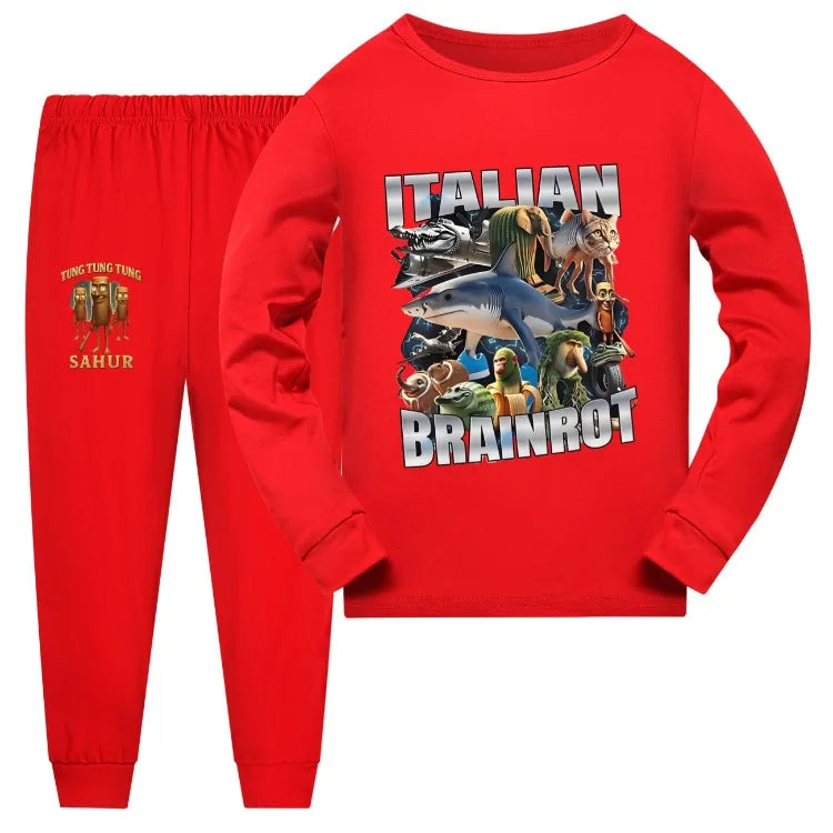 Italian Brainrot Meme Clothes Kids Cartoon Tung Sahur Pajama Sets Boys Long Sleeve Tops Legging 2pcs Set Girls Casual Sleepwear