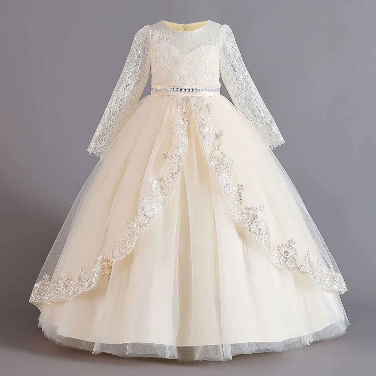 Long Sleeve Baptism Bridesmaids Party Girl Dresses Tulle Wedding Costumes Elegant Flower Princess Dress Girls Birthday Prom Gown