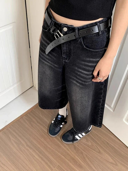 High Waist Black Retro Washed Denim Shorts Women's Harajuku Vintage Fashion Casual Loose Y2K Streetwear Mid Long  Wide Leg Pants