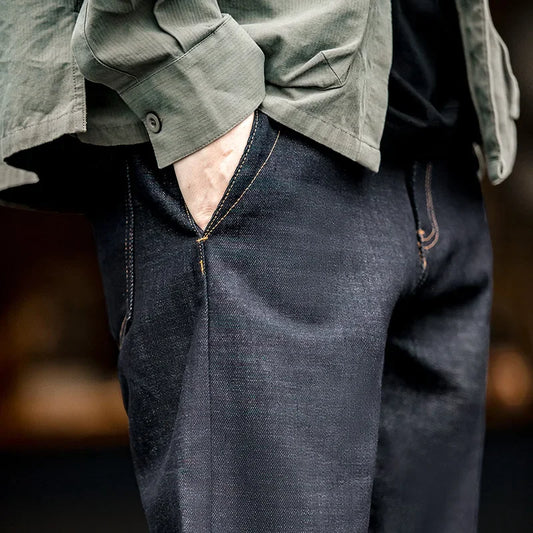 Vintage 13.5OZ Selvedge Raw Denim Jeans Cotton Straight Denim Pants Men's Heavyweight Blue Zip Fly with Pockets Trousers