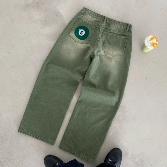 Y2K Retro Matcha Denim Jeans Washed Billiard Embroidered Denim Pants London Fashion New York Style Streetwear Unisex Baggy Jeans