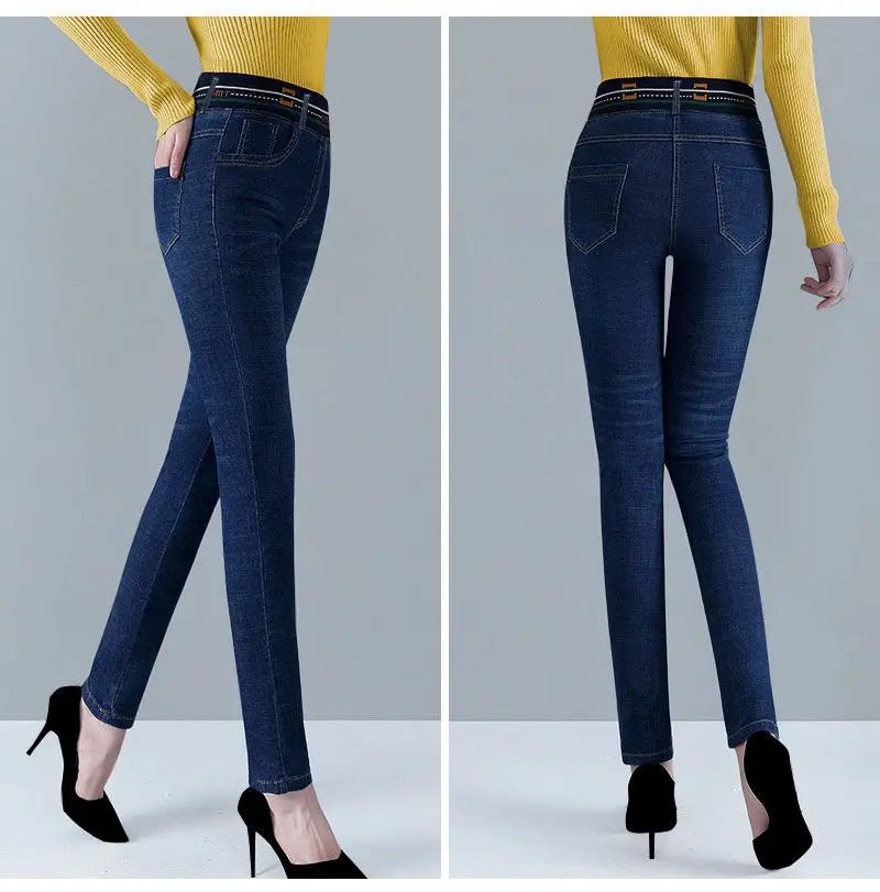 Winter Plus Velvet Stretch Jeans Women Oversize 40 High Waist Skinny Vaqueros Thick Warm Denim Trousers Fashion Mom Pencil Pants