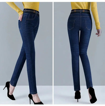 Winter Plus Velvet Stretch Jeans Women Oversize 40 High Waist Skinny Vaqueros Thick Warm Denim Trousers Fashion Mom Pencil Pants