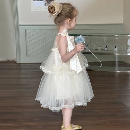 Girls Princess Dress Summer Kids French Sweet Sleeveless Bowknot Tulle Tutu Fluffy Birthday Party Pageant Dresses