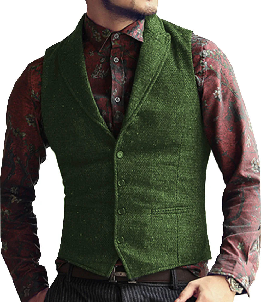 Men's Suit Vest Slim Fit Herringbone Pattern Mail Waistcoat Flip Tie Pocket Vest Business Banquet Wedding Groomsman Dress Vests