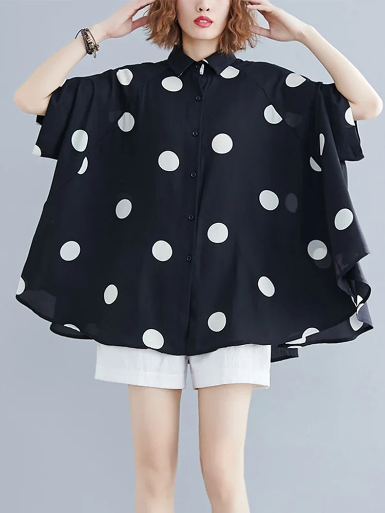 Black Vintage Polka Dot Print Blouse Women New Chiffon Lapel Short Sleeve Loose Casual Shirt Tops Fashion Summer Clothes 2026