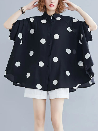 Black Vintage Polka Dot Print Blouse Women New Chiffon Lapel Short Sleeve Loose Casual Shirt Tops Fashion Summer Clothes 2026