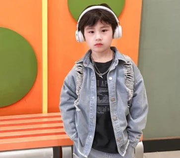 2-10Y Boys Spring Autumn Gray Retro Hole 2026 Denim Coat Pant Suit girl American Style New Loose Slimming High Waist Floor Pants