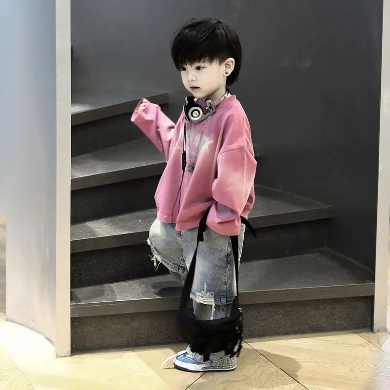 2pcs Set Children's Clothing 2026 Boy Spring Autumn New Korean Version Pink Gradient Base Shirt Fashion Personalized Denim Pants